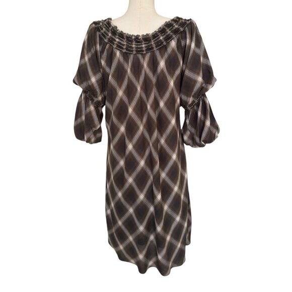 Max Studio Plaid Off Shoulder Boho Bell Sleeve Lined Pullover Dress Women's Sz L - Picture 4 of 9